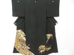 アンティーク　黒留袖　訪問着仕立て　金彩　飛鶴と古典柄　五つ紋入り　着物